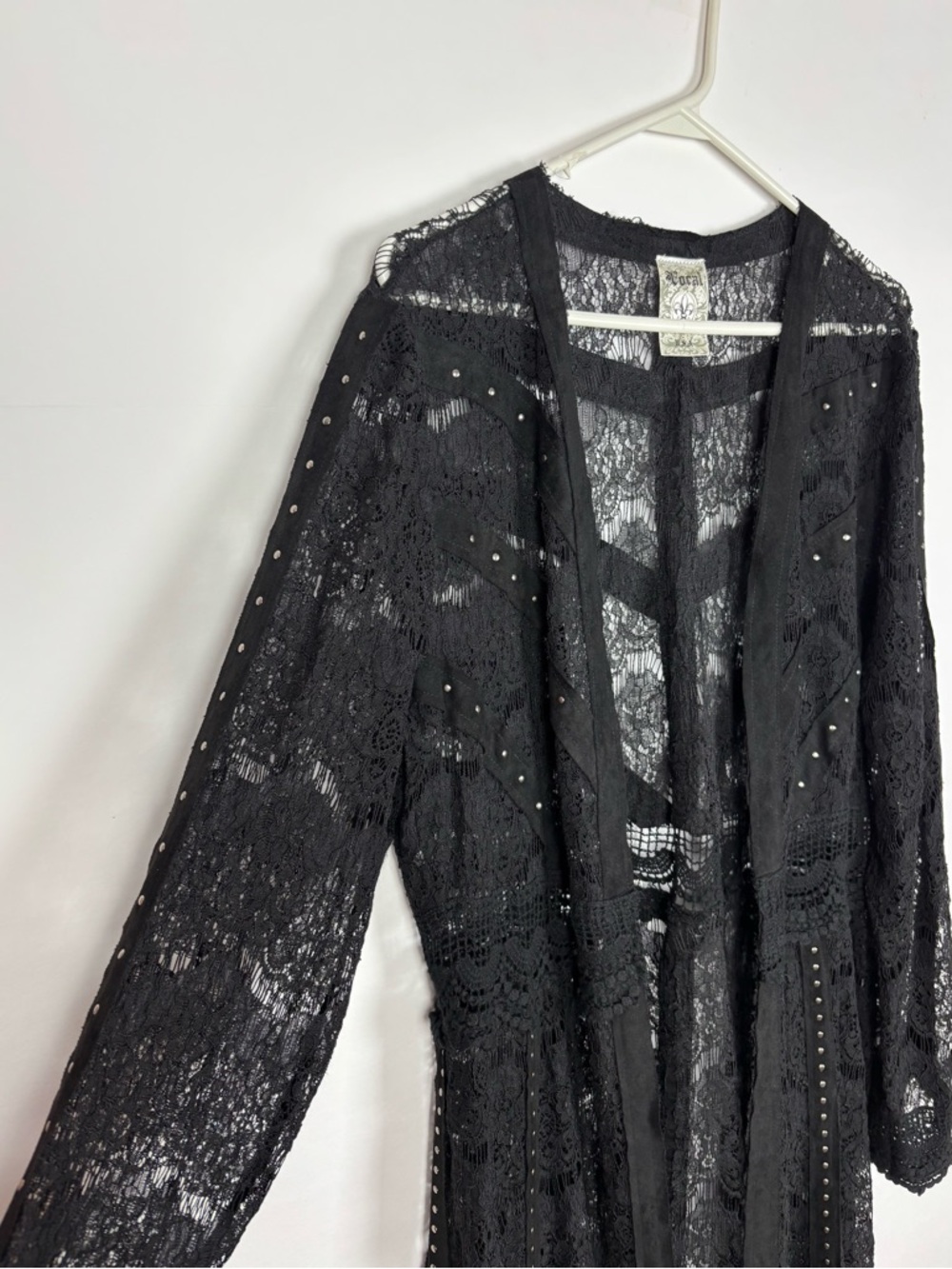 Vocal Cardigan Duster Size XL Crochet Lace Studded Suede Whimsigoth Witchy Black - Picture 3 of 6